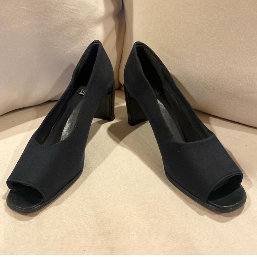 Vintage Stuart Weitzman Black Stretch Fabric Block Heel Platform Shoes sz 7